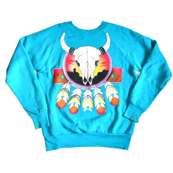 Vintage 90's Aqua Cow Skull/feathers Sweatshirt Made in USA Size Medium - Picture 3 of 3
